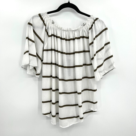 NWT CHASER White Olive Green Striped Off The Shoulder Bell Sleeve Top Medium - Picture 1 of 6